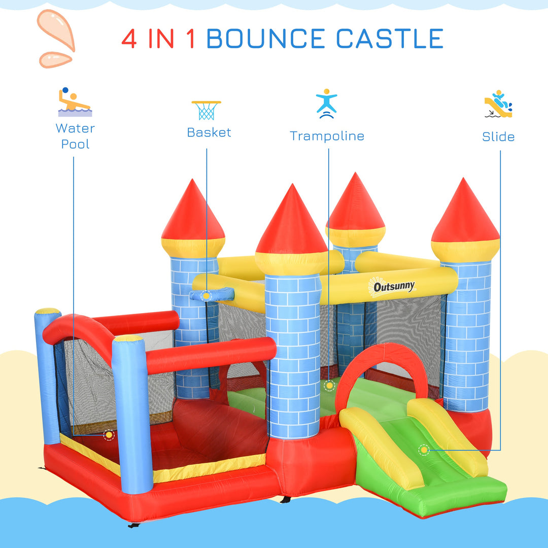 Outsunny Kids Bounce Castle House Inflatable Trampoline Slide Water Pool Basket 4 in 1 with Inflator for Kids Age 3-10 Castle Design 3 x 2.75 x 2.1m