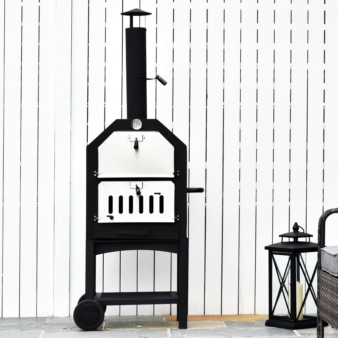 Outdoor Garden Pizza Oven Charcoal BBQ Grill 3-Tier Freestanding w/Chimney, Mesh Shelf, Thermometer Handles, Wheels Garden Party Gathering