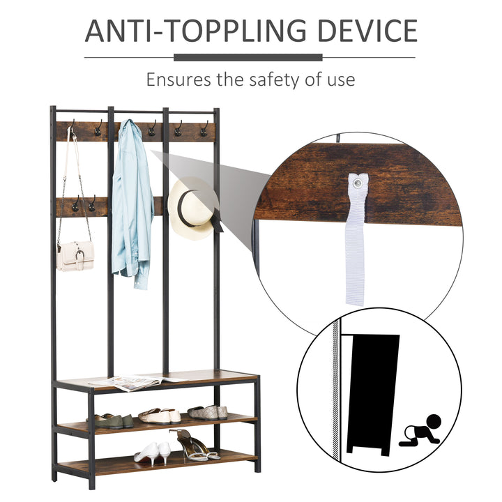 Coat Rack Stand, Free Standing Hall Tree, Coat Stand with Hooks, Bench and Shoe Rack, 100cm x 40cm x 184cm, Rustic Brown and Black