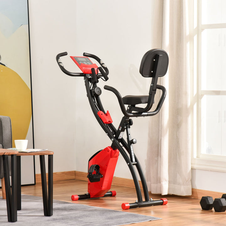 HOMCOM 2-In-1 Upright Exercise Recumbent Bike Adjustable Resistance Stationary Fitness Home Gym Foldable w/ Armrests LCD Monitor Cycling Wheels Red