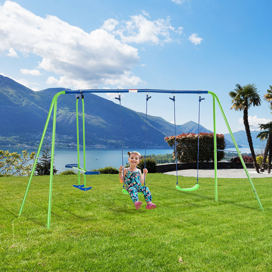 Metal Swings & Seesaw Set Double Seats with a Height Adjustable Children Outdoor Backyard Play Set for Toddlers Over 3 Years Old, Green