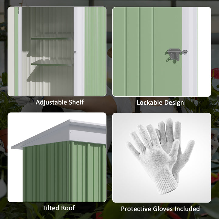 5'x3'x6' Metal Garden Shed Roofed Lean-to Shed for Tool Motor Bike, with Adjustable Shelf, Lock, Gloves, Green