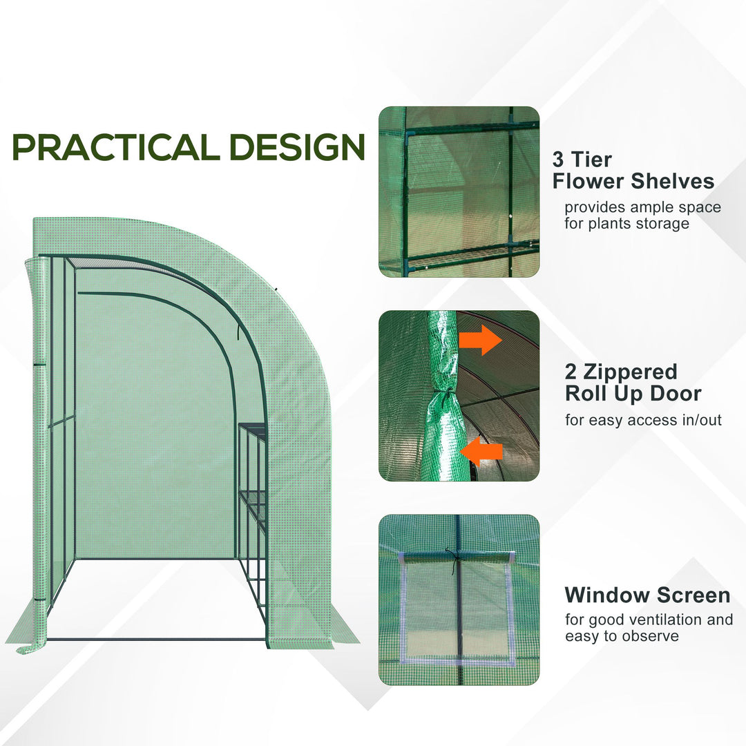 Outsunny Walk-In Lean to Wall Greenhouse with Windows and Doors 2 Tiers 6 Wired Shelves 300L x 150W x 215Hcm Green