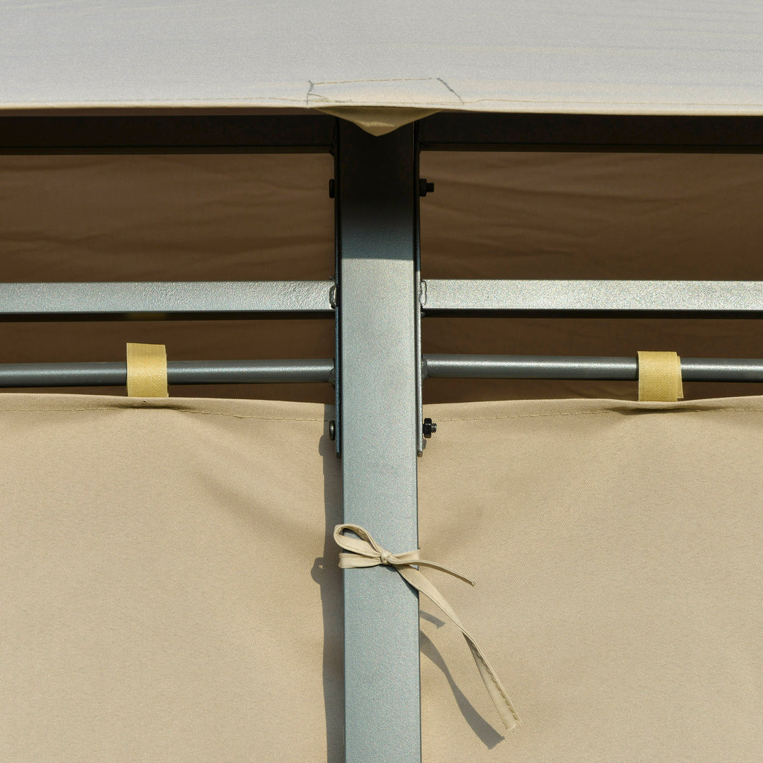 Outsunny 4 x 3(m) Outdoor Gazebo Canopy Party Tent Garden Pavilion Patio Shelter w/ LED Solar Light, Double Tier Roof, Curtains, Steel Frame, Khaki
