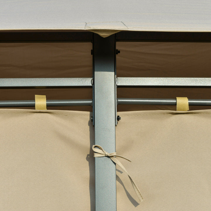 Outsunny 4 x 3(m) Outdoor Gazebo Canopy Party Tent Garden Pavilion Patio Shelter w/ LED Solar Light, Double Tier Roof, Curtains, Steel Frame, Khaki
