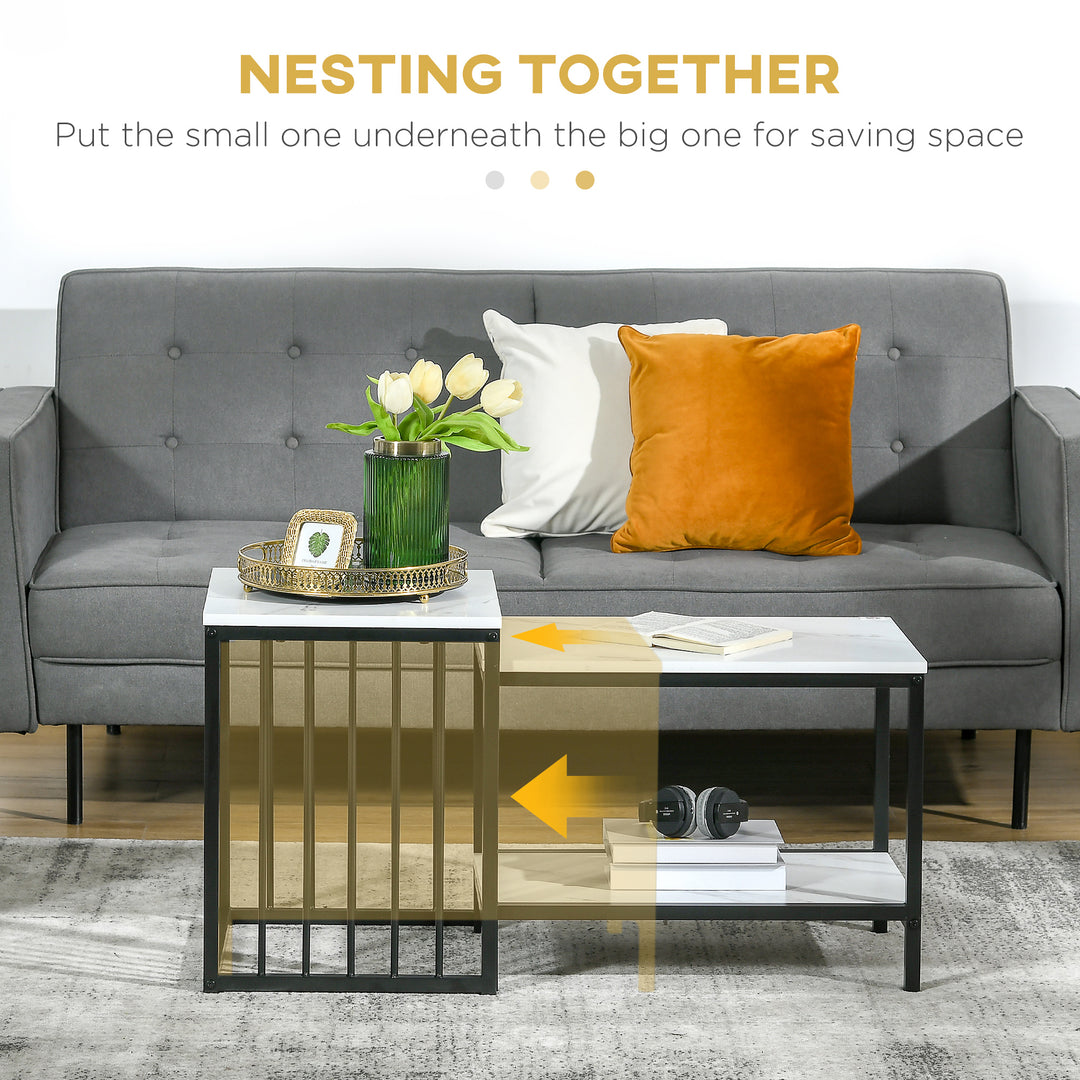 HOMCOM Modern Coffee Table Set of Two, Marble-Effect Nest of Tables with Steel Frame for Living Room, White and Black