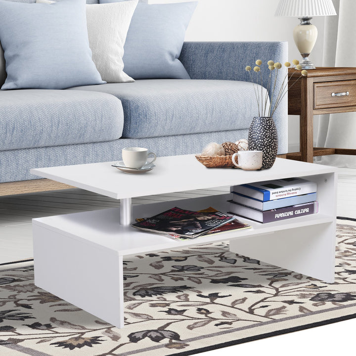 HOMCOM 2-Tier Coffee Table Side/End Table Modern Rectangular Design w/ Open Shelf Living Room Entryway Hallway Furniture White