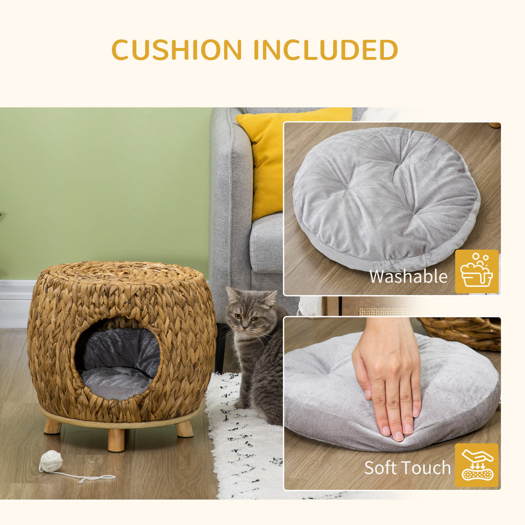PawHut Wicker Cat Cave/House Stool with Soft Washable Cushion,Rattan Kitten Bed for Outdoor & Indoor Use, 44 x 43 x 41cm