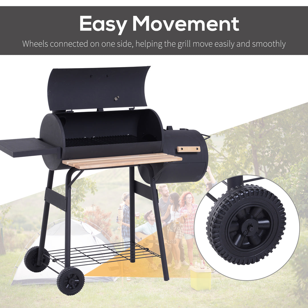 Charcoal Barbecue Grill Garden Portable BBQ  Trolley w/ Offset Smoker Combo, Handy Shelves and On-lid Thermometer