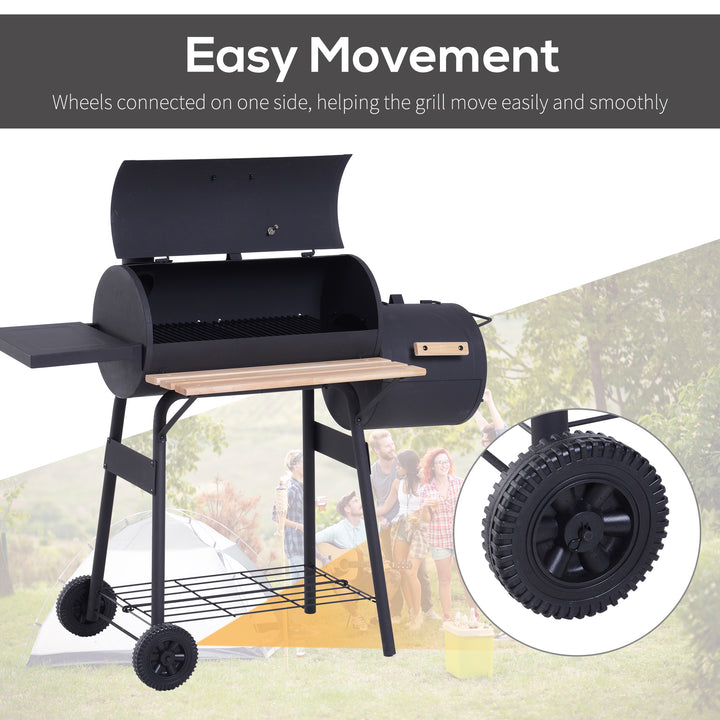 Charcoal Barbecue Grill Garden Portable BBQ  Trolley w/ Offset Smoker Combo, Handy Shelves and On-lid Thermometer