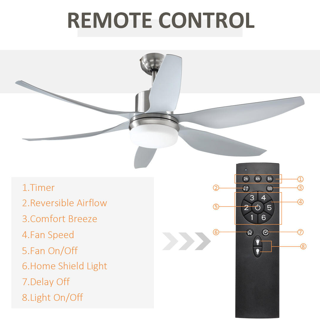 Reversible Ceiling Fan with Light, 6 Blades Indoor Modern Mount LED Lighting Fan with Remote Controller, for Bedroom, Living Room, Silver