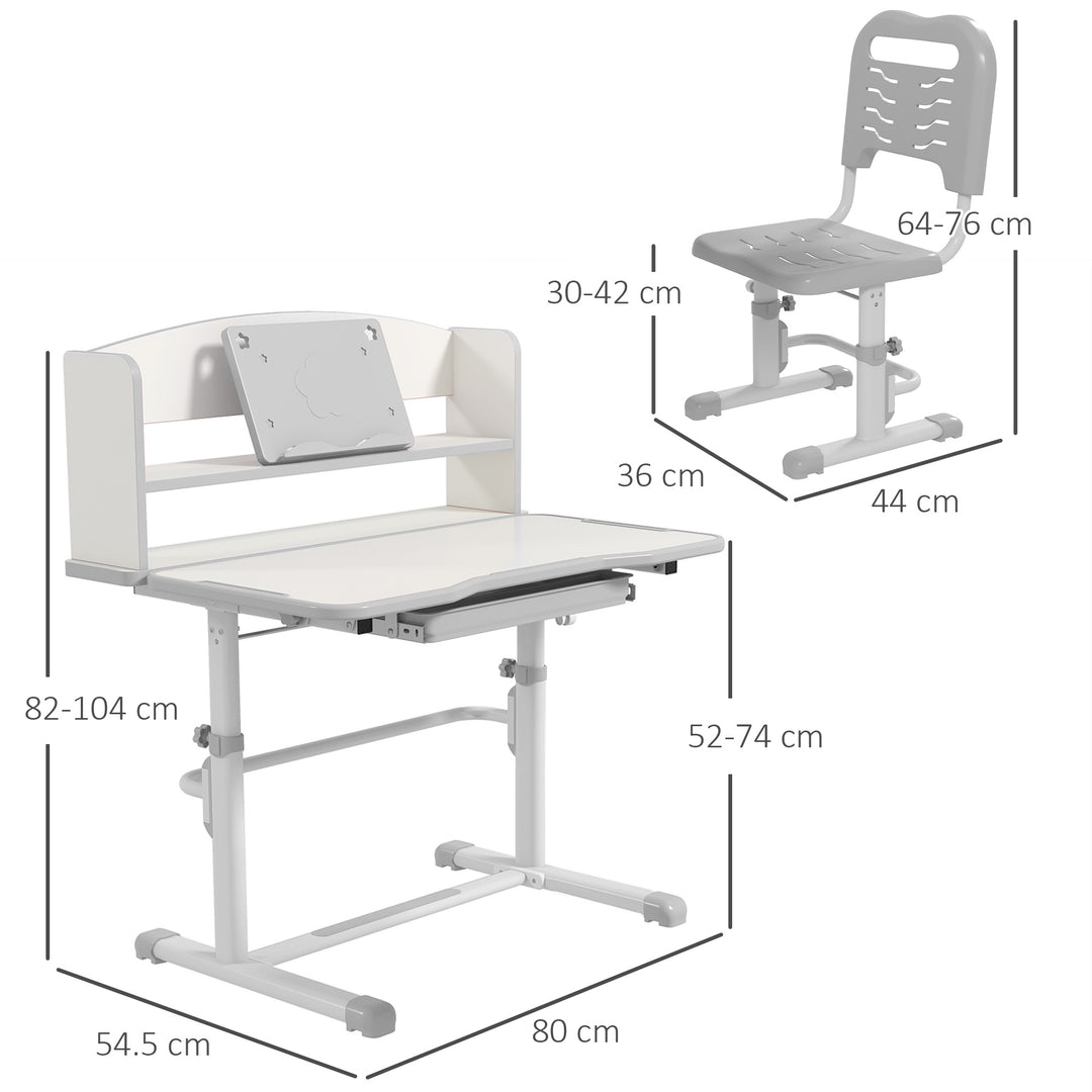Height Adjustable Kids Study Table and Chair Set, with Drawer, Storage Shelf, Grey