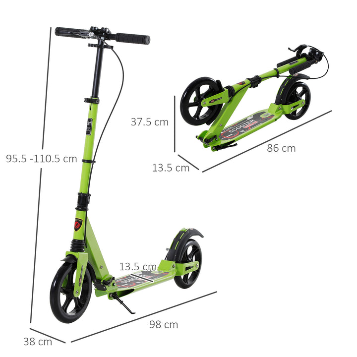 Teens Adult Kick Scooter Foldable Adjustable Aluminum Ride On Toy For 14+ w/ Dual Brake System, Shock Mitigation System - Green 95.5-110.5H CM