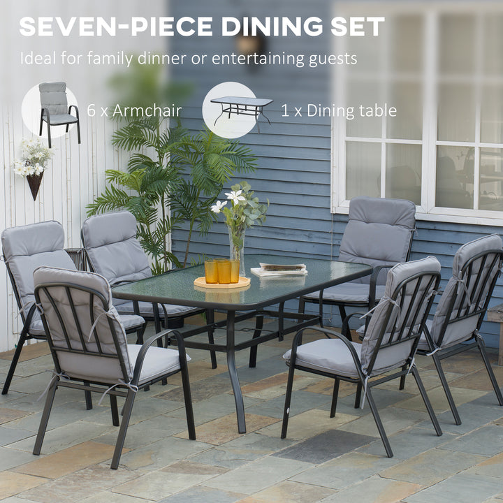7Pieces Garden Dining Set, Outdoor Dining Table and 6 Cushioned Armchairs, Tempered Glass Top Table w/ Umbrella Hole, Texteline Seats, Black