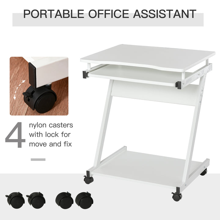 HOMCOM Movable Compact Small Computer PC Desk with 4 Moving Wheels Sliding Keyboard Tray Home Office Gaming Study Workstation White
