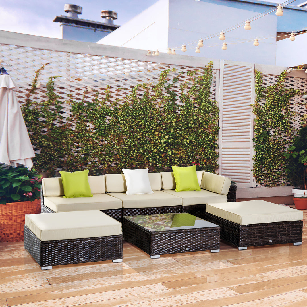 5-Seater Rattan Sofa Coffee Table Set Sectional Wicker Weave Furniture for Garden Outdoor Conservatory w/ Pillow Cushion  Brown