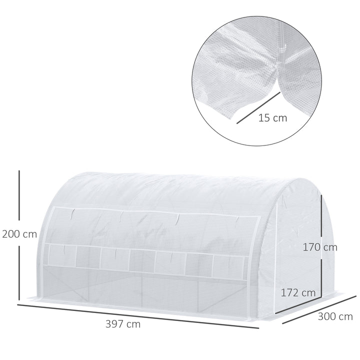 Outsunny 4 x 3 x 2 m Polytunnel Greenhouse with Steel Frame, Reinforced Cover, Zippered Door and 8 Windows for Garden and Backyard, White