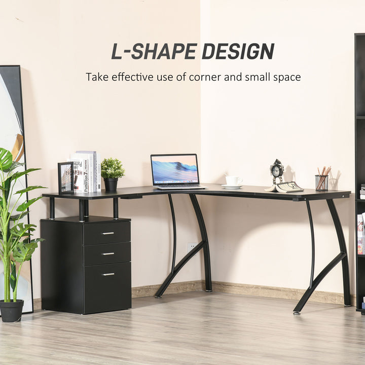 HOMCOM L-Shaped Computer Desk Table with Storage Drawer Home Office Corner Industrial Style Workstation, Black