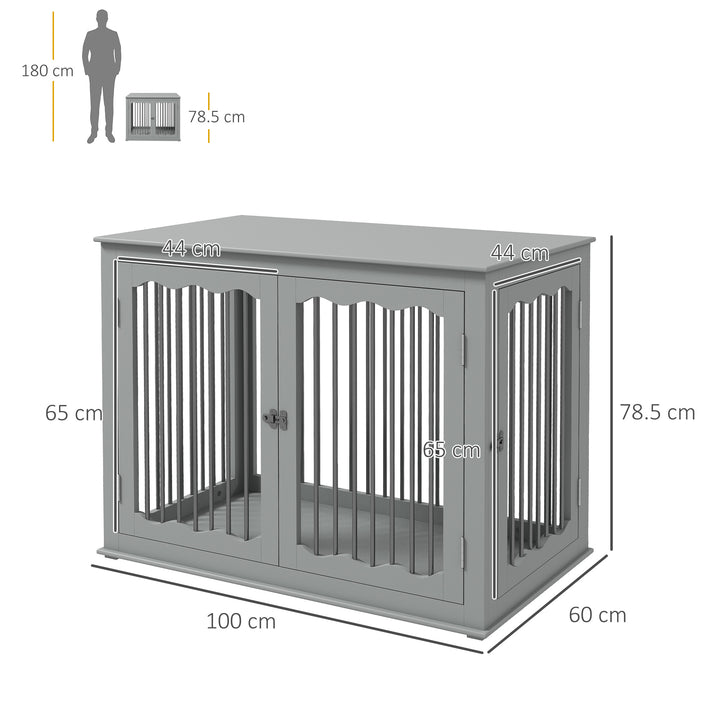 Dog Crate End Table w/ Three Doors, Furniture Style Dog Crate, for Big Dogs, Indoor Use w/ Locks and Latches - Grey