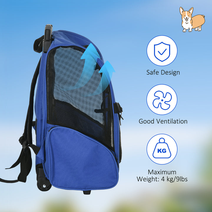 PawHut Pet Carrier Travel Backpack Bag Cat Carrier Puppy Dog Bag w/ Trolley, Telescopic Handle Portable Stroller Wheel, 42 x 25 x 55 cm, Blue