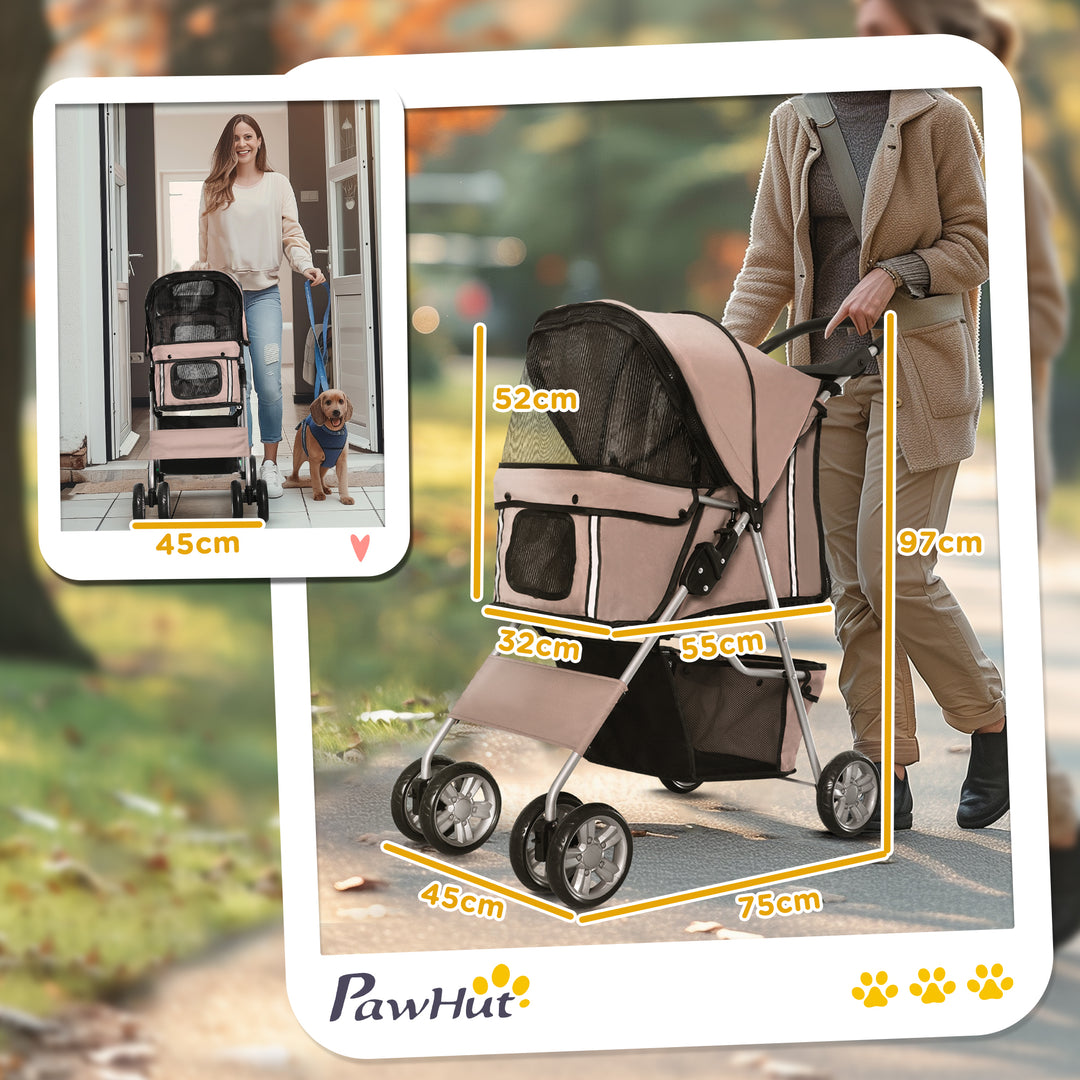 PawHut Dog Pram Pet Stroller Foldable Dog Pushchair with Wheels Zipper Entry Cup Holder Storage Basket Brown