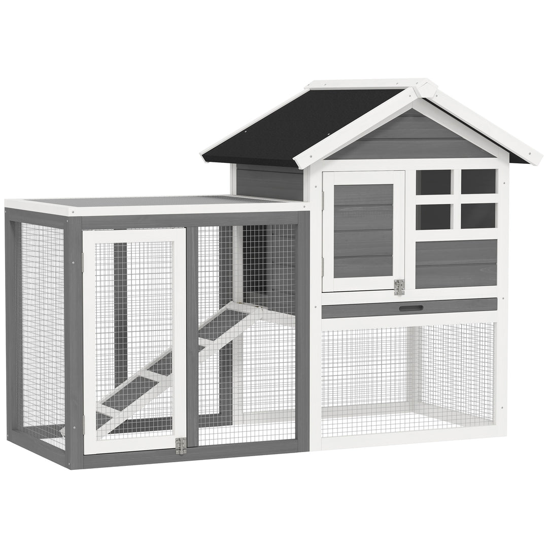 PawHut 2 Tier Wooden Rabbit Guinea Pig Hutch Guinea Pig Cage Bunny Cage Pull Out Tray Small Animal House w/ Ramp 122 x 62.6 x 92 cm