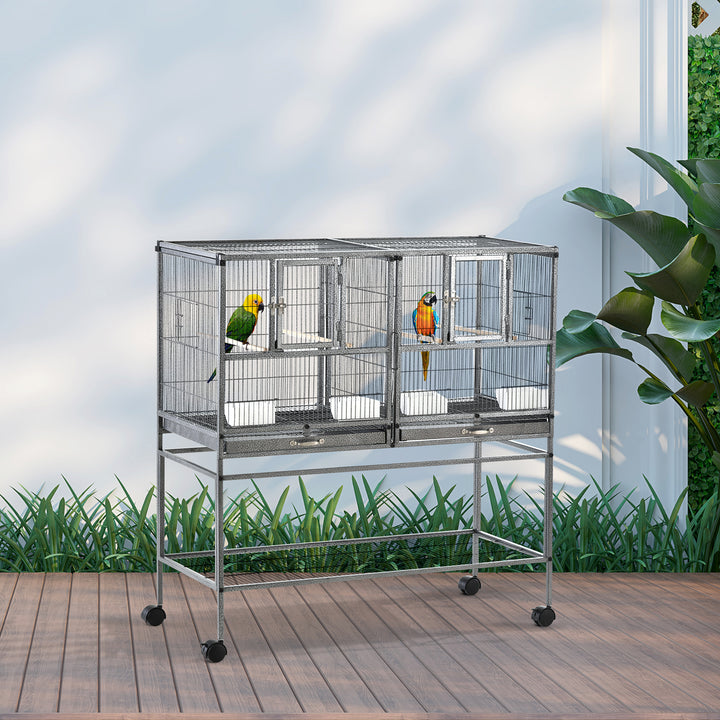 Double Rolling Metal Bird Cage Parrot Cage with Removable Metal Tray, Storage Shelf with Food Container