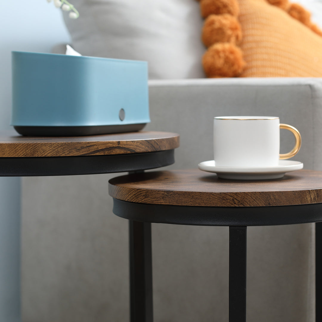 Round Nesting Tables Set of 2 Industrial Stackable Side Tables with Rustic Wood Grain Metal Frame for Living Room Brown