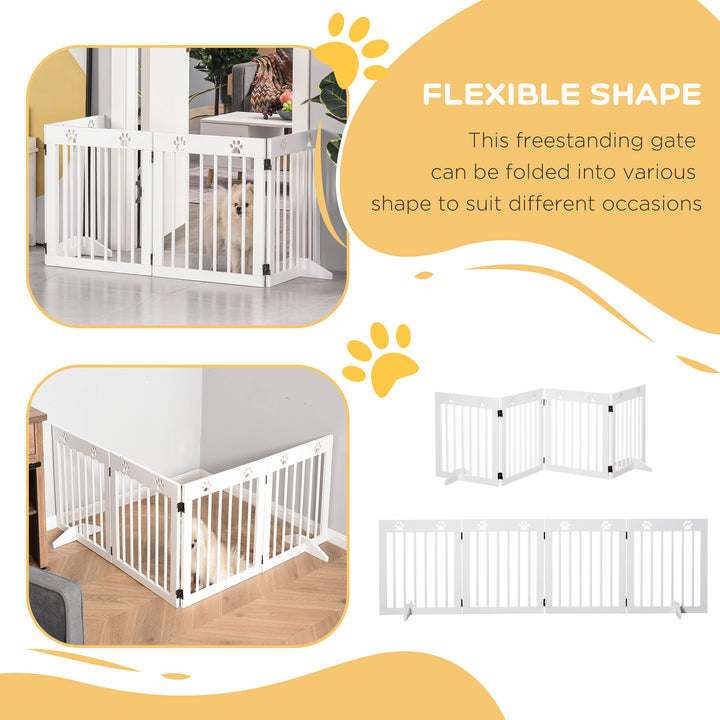 PawHut Pet Gate 4 Panel Folding Wooden Dog Barrier Freestanding Dog Gate For Stairs w/ Support Feet