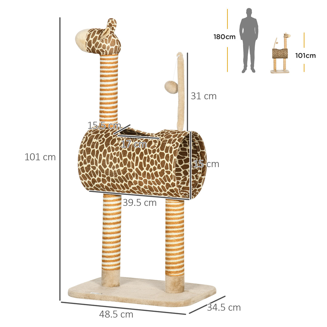 PawHut Cat Tree for Indoor Cats Cute Giraffe Kitten Play Tower with Scratching Posts Tunnel Ball Toy, 48.5 x 34.5 x 101 cm