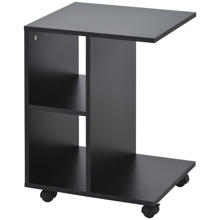 C-Shape End Table Unique Storage Unit w/ 2 Shelves 4 Wheels Freestanding Home Office Furniture Cabinet Square Studio Black