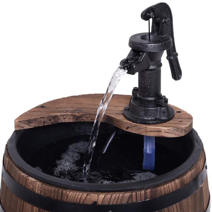 Wood Barrel Patio Water Fountain Electric Pump Garden Decorative Ornament with Flower Planter Decor