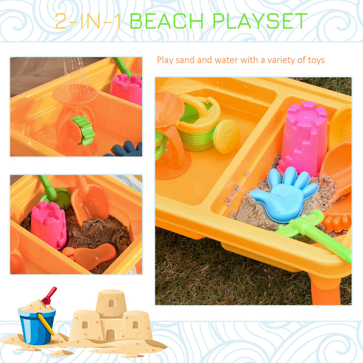 Sand and Water Table Beach Toy Set 2 in 1 Outdoor Activities Playset for Kids with Lid and Accessories Double Compartment Sandpit Sandbox