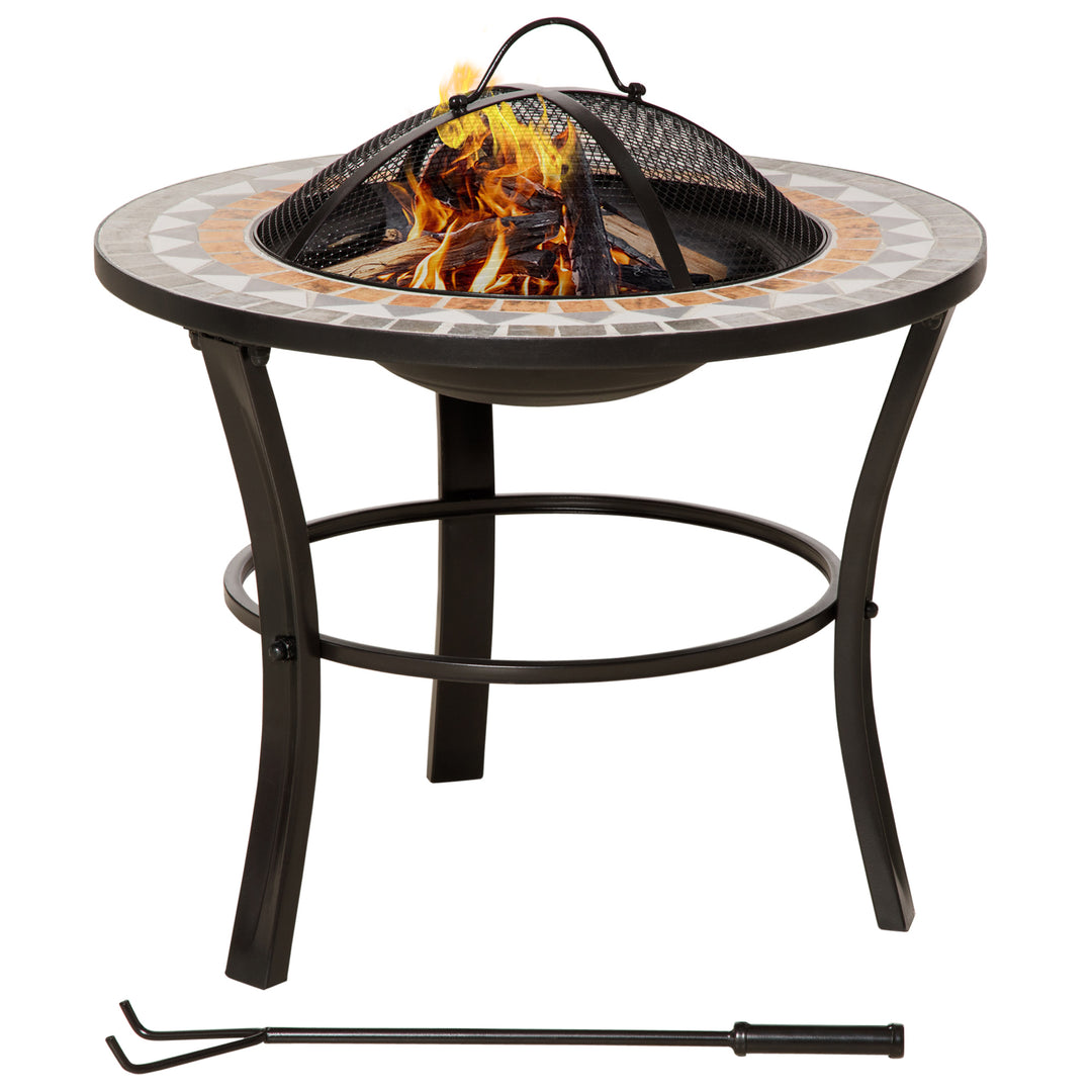 Outsunny 60cm Outdoor Fire Pit Table with Mosaic Outer, Round Firepit with Spark Screen Cover, Fire Poker for Garden Bonfire Party