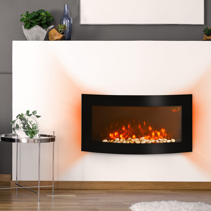 HOMCOM Led Wall Mounted Fireplace Curved Glass Electric Fire Place Fire Place 7 Colour Side Lights Slimline, 1000/2000W, 89.2cm x 48cm