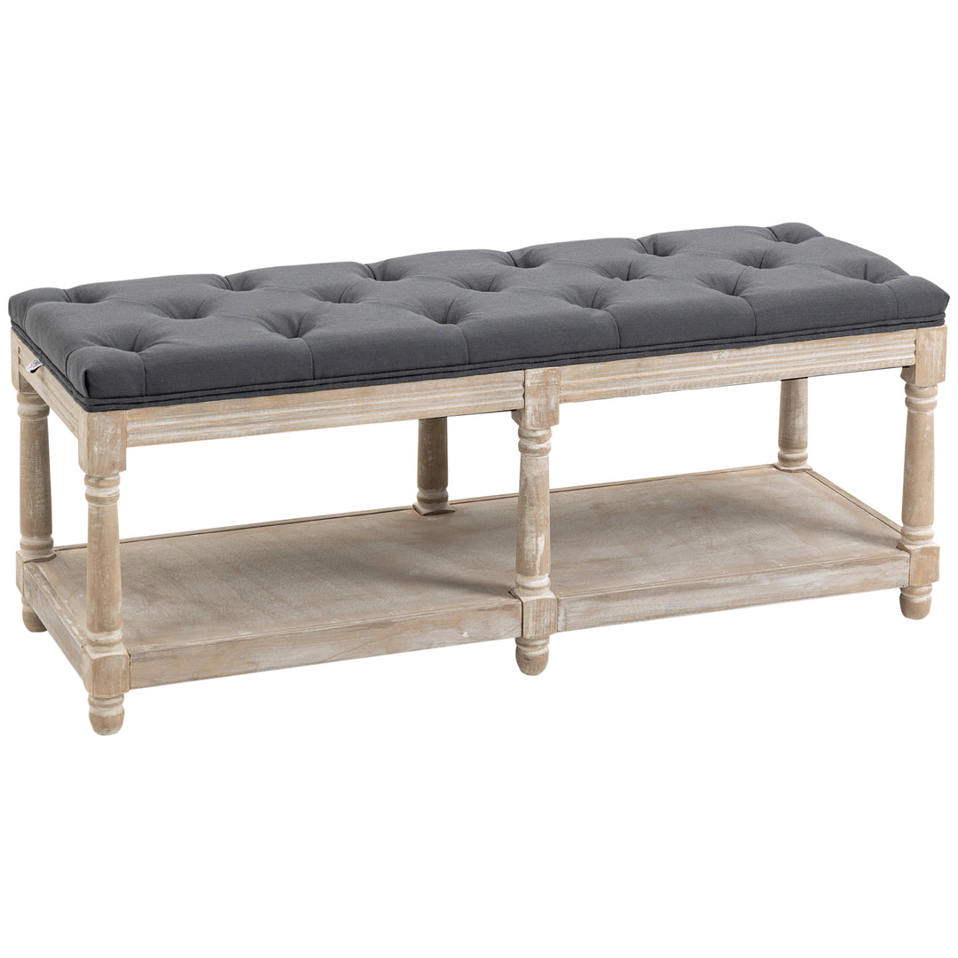 HOMCOM 2 Tier Shoe Rack Bench with Button Tufted Upholstered Cushion, Vintage Bed End Bench, Wooden Window Seat for Hallway, Living Room, Bedroom-Grey
