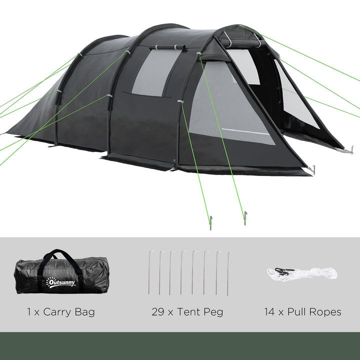 3-4 Man Tunnel Tent, Two Room Camping Tent with Windows and Covers, Portable Carry Bag, for Fishing, Hiking, Sports, Festivals - Black