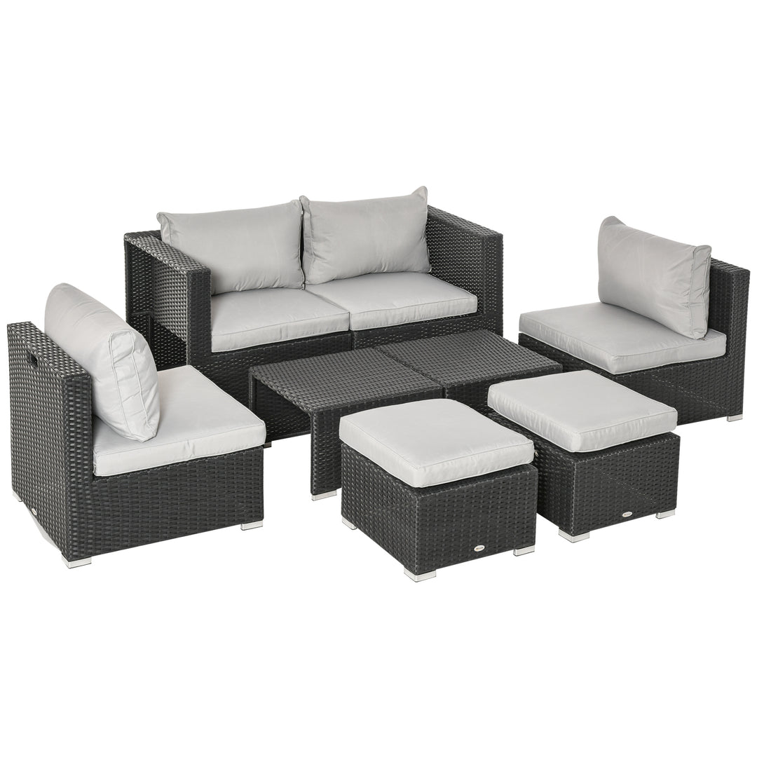 Outsunny 6-Seater Garden Rattan Wicker Sofa Set w/ Coffee Table, Wicker Weave Chair, Space-saving Footstool, Padded Cushions, Black