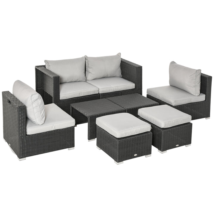 Outsunny 6-Seater Garden Rattan Wicker Sofa Set w/ Coffee Table, Wicker Weave Chair, Space-saving Footstool, Padded Cushions, Black