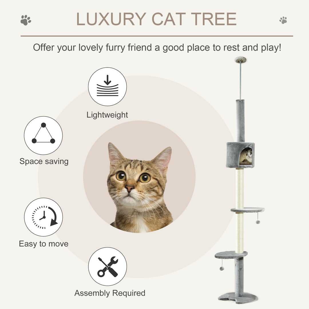 PawHut Cat Tree, Kitten Tower, Condo, Multi-Layer Activity Center, Indoor Pet Play House with Solid Scratching Post Hanging Balls, Light Grey