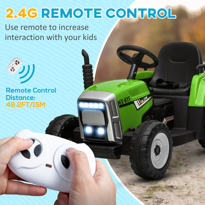 Electric Ride on Tractor with Detachable Trailer, 12V Kids Battery Powered Electric Car with Remote Control, Music Start up Sound and Horn, Lights, for Ages 3-6 Years - Green