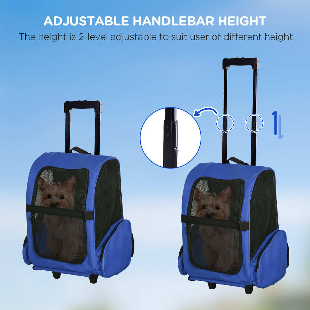 PawHut Pet Carrier Travel Backpack Bag Cat Carrier Puppy Dog Bag w/ Trolley, Telescopic Handle Portable Stroller Wheel, 42 x 25 x 55 cm, Blue