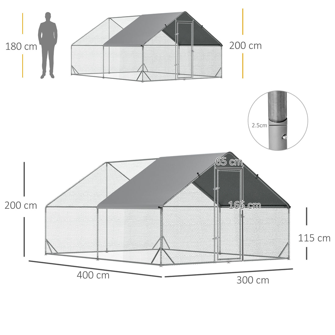 PawHut Walk In Chicken Run Galvanized Chicken Coop Hen Poultry House Rabbit Hutch Pet Playpen Backyard W/ Water-Resist Cover, 3 x 4 x 2m