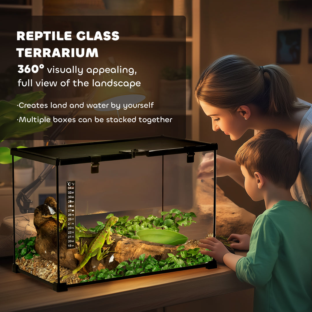 PawHut 50 x 30 x 35 cm Reptile Glass Terrarium, Reptile Breeding Tank, Climbing pet Glass Containers, Arboreal Box, with Strip Patch Thermometer-Black