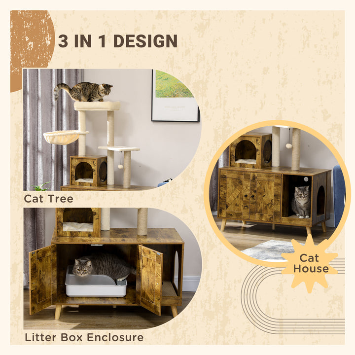 Cat Litter Box Enclosure, with Tree Tower, Cat House, Hammock, Cushion - Rustic Brown