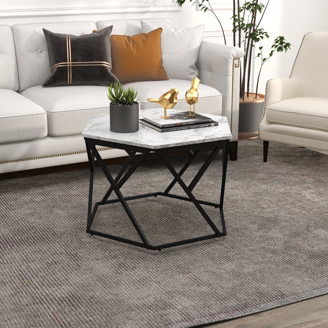 Coffee Table with High Gloss Marble Tabletop, Modern Cocktail Table with Steel Frame for Living Room, White