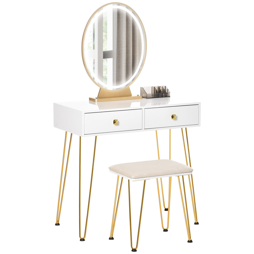 Dressing Table Set with LED Light, Round Mirror, Vanity Makeup Table with 2 Drawers and Cushioned Stool for Bedroom, White