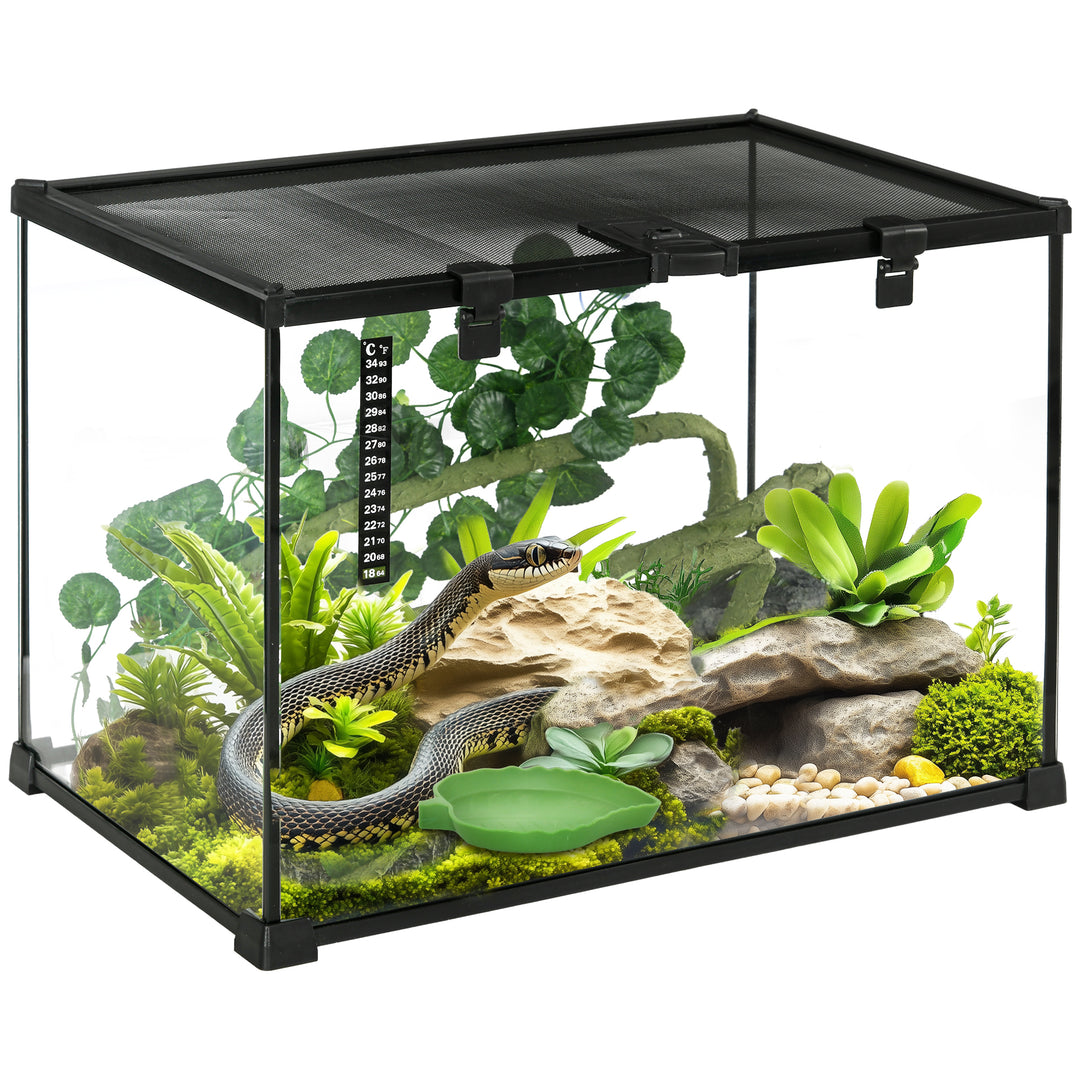 PawHut 50 x 30 x 35 cm Reptile Glass Terrarium, Reptile Breeding Tank, Climbing pet Glass Containers, Arboreal Box, with Strip Patch Thermometer-Black