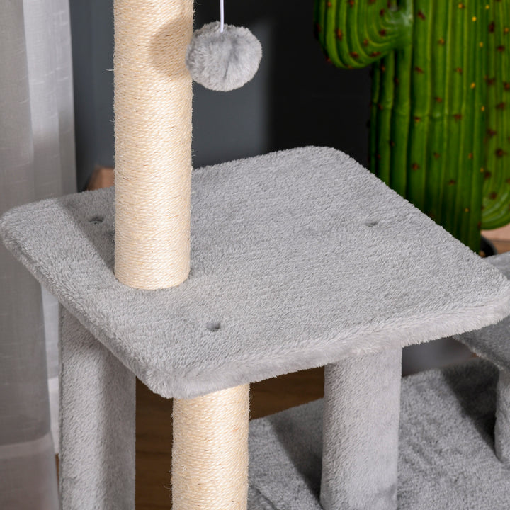 PawHut Cat tree Tower 114cm Climbing Activity Centre Kitten with Sisal Scratching Post Perch Hanging Ball Condo Toy Light Grey