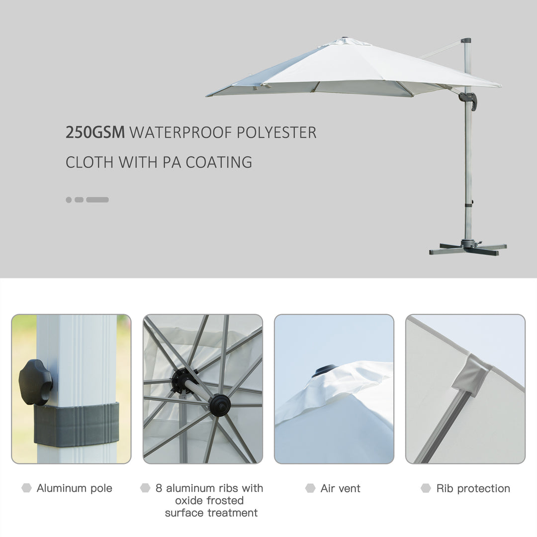 3m Cantilever Roma Parasol Aluminium Frame 360 Rotation Hanging Parasol with/ Cross Base White